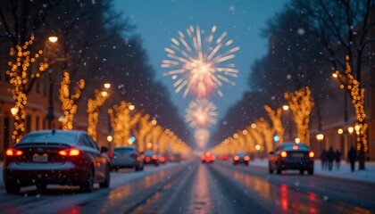 Obraz premium A quiet winter evening envelops a city street, where gently falling snow enhances the glow of Christmas lights. The festive atmosphere attracts people celebrating the New Year. Generative AI
