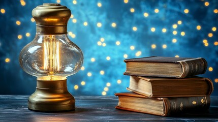 Vintage lamp illuminating stacked books on a wooden table