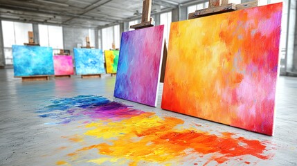 Colorful abstract paintings on easels in a bright studio space.