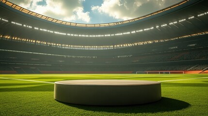 A cylindric podium sits on a lush football field, spotlight on the grand stage of a world-class stadium.