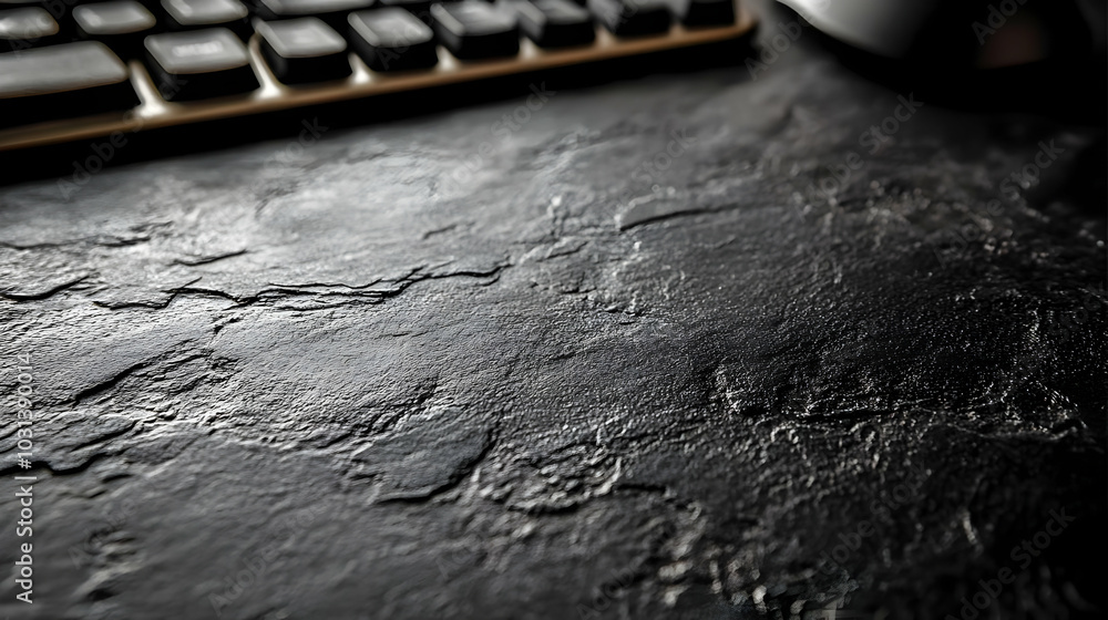 Poster a close-up of a textured dark surface with a keyboard and mouse.
