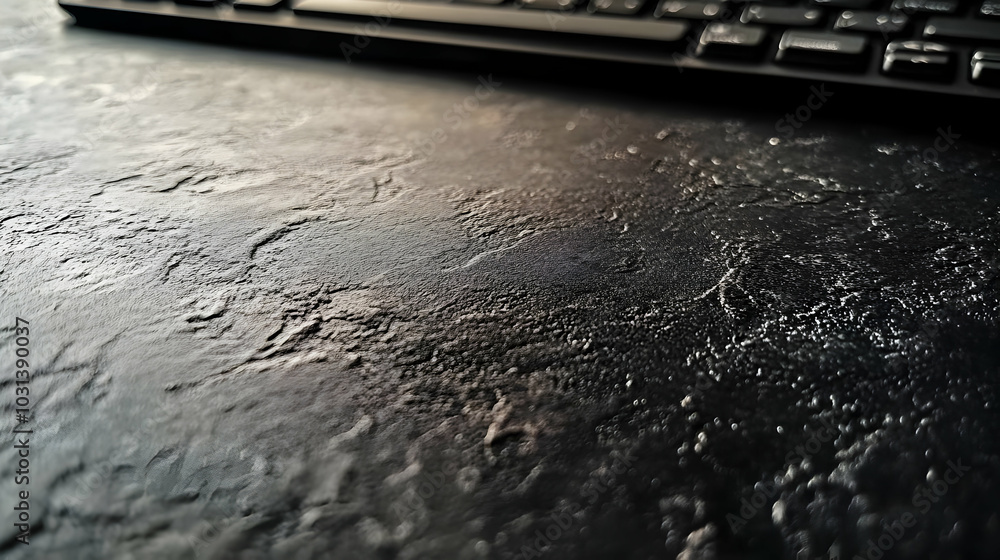 Poster close-up of a textured surface with a keyboard in the background.