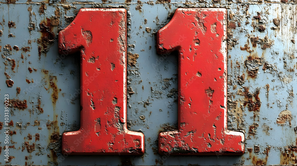 Poster a weathered metal surface displaying the number 11 in red.