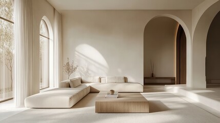 Minimalist Living Room Interior Design with Arched Windows and Natural Light.