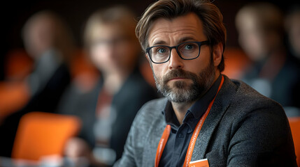 Fototapeta premium Attendee at a conference, focused and engaged in discussion.