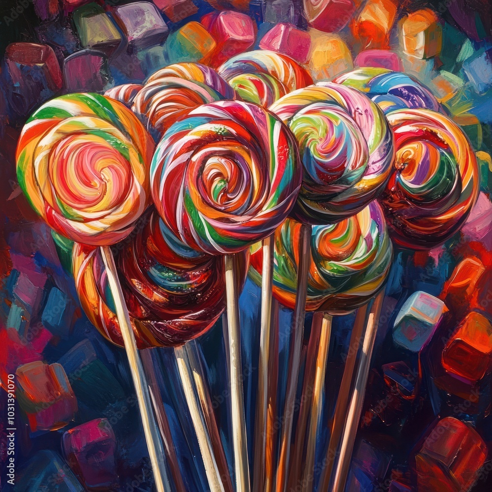 Poster a close-up of colorful swirl lollipops on sticks against a background of colorful squares.