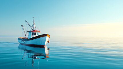 Fototapeta premium A side view of a fishing boat on calm waters, with the vast ocean stretching out into the horizon