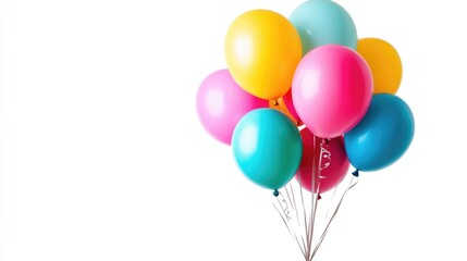 cluster of colorful balloons floating gently against clean white background, creating festive and cheerful mood