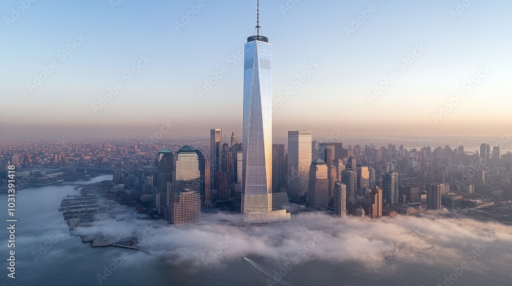 Poster Aerial view of a skyscraper emerging from fog in a cityscape.
