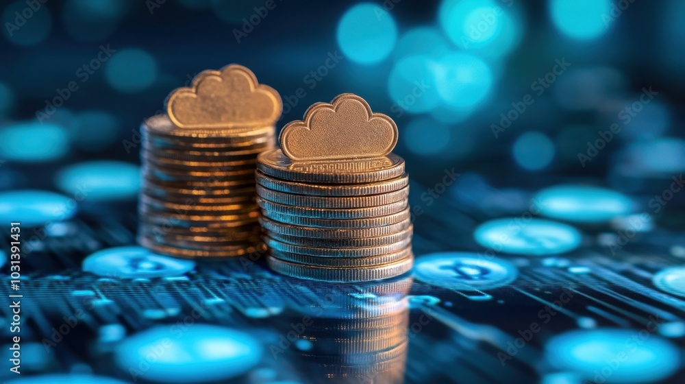 Poster a stack of coins symbolizes cloud service expenses, representing storage, computing, and networking 