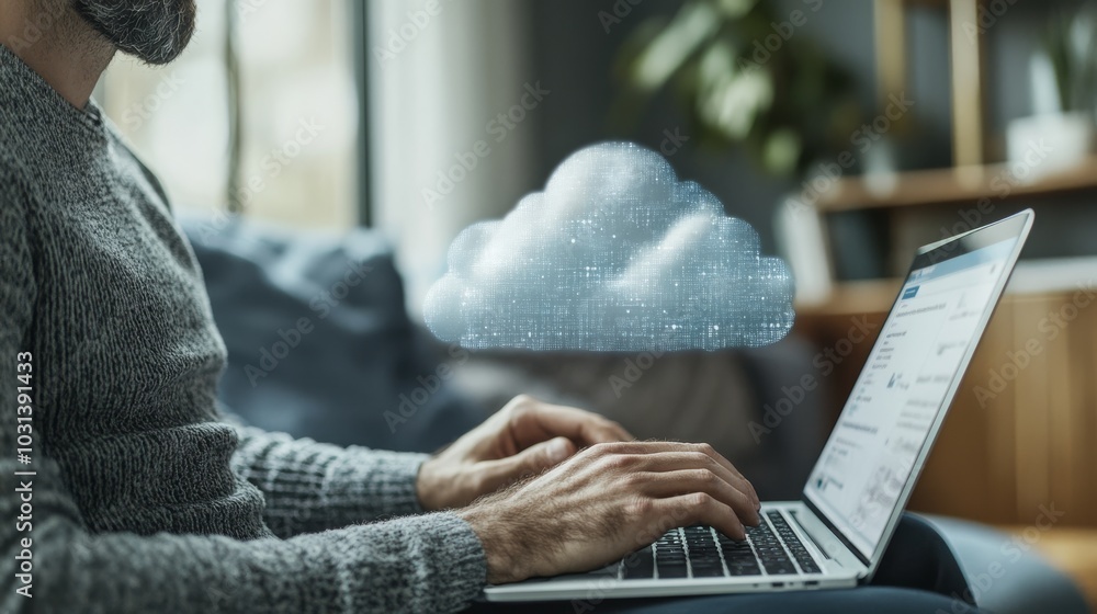 Poster a person typing on a laptop with a digital cloud icon above, symbolizing cloud computing and remote 