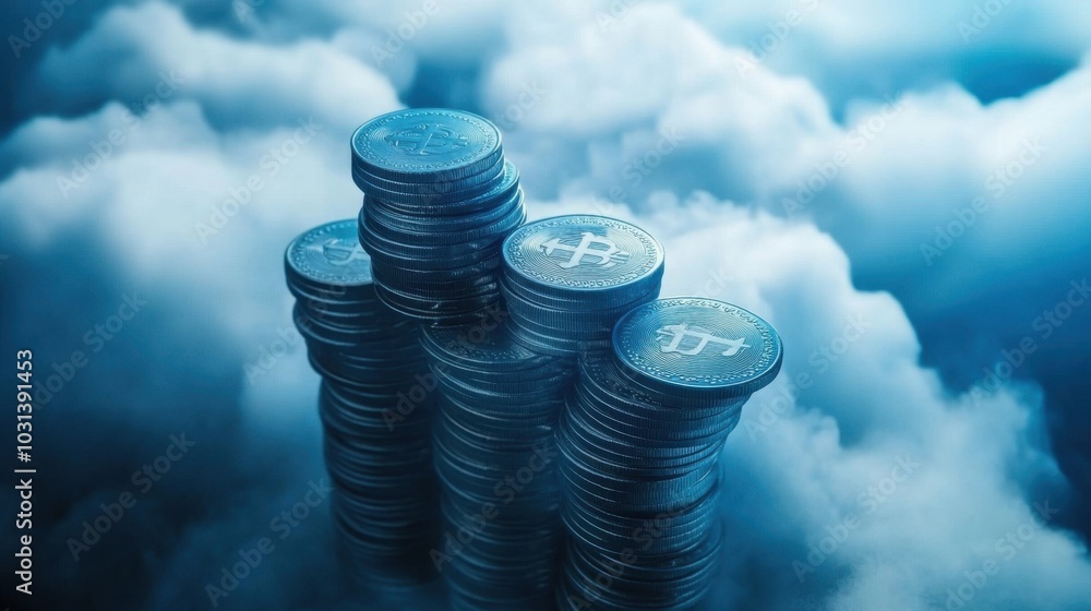 Poster a stack of coins symbolizes cloud service expenses, representing storage, computing, and networking 
