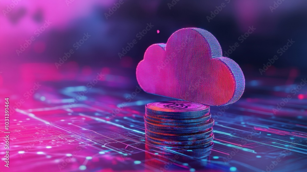 Poster a stack of coins symbolizes cloud service expenses, representing storage, computing, and networking 