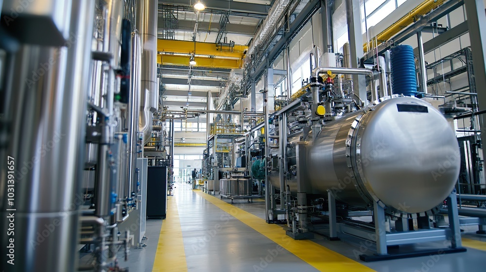 Poster a factory utilizing advanced zero-emissions machinery, setting new standards for environmentally fri