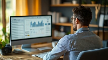 A man analyzes data on a computer in a cozy, modern workspace filled with plants and warm light.