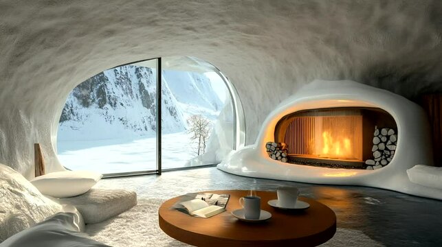 Cozy igloo interior with fireplace and snow outside, warm wooden furnishings. Seamless looping time-lapse video background