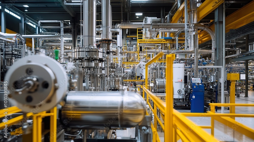 Poster a factory utilizing advanced zero-emissions machinery, setting new standards for environmentally fri