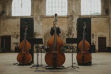 Double Bass Player in Industrial Space.