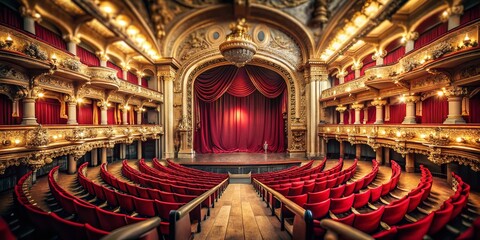 Obraz premium Empty Opera Auditorium with Red Velvet Curtain in Parisian Gala Style