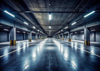 Empty Parking Garage with Illuminated Road - Isolation and Space