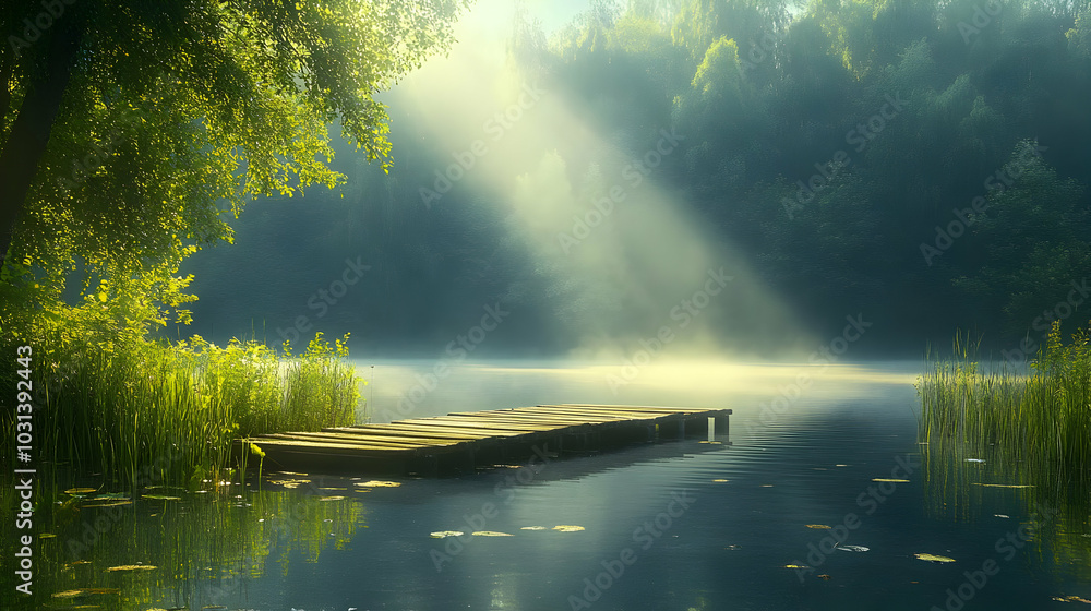 Poster serene lake scene with sunlight filtering through trees.