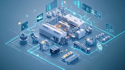 isometric a fully connected smart factory with advanced automation and cloud-based systems optimizing the production process