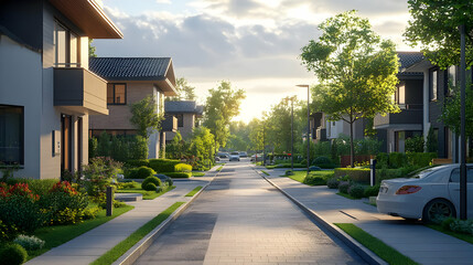 Obraz premium Serene suburban street lined with modern homes and greenery.