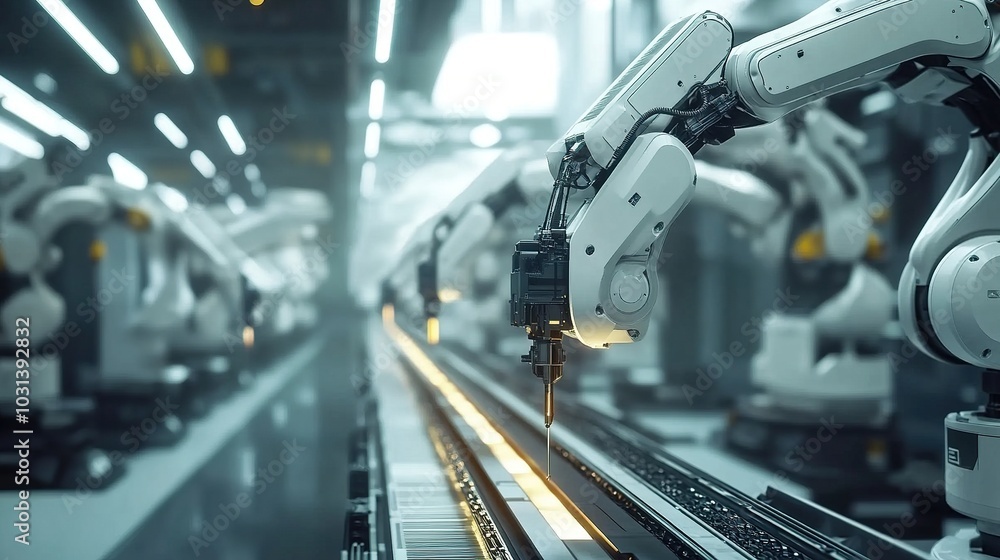 Poster a high-tech factory production line with precision robotic arms working in sync to streamline manufa