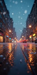 A quiet winter evening envelops a city street, where gently falling snow enhances the glow of Christmas lights. The festive atmosphere attracts people celebrating the New Year. Generative AI