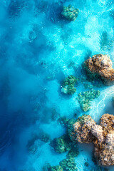 Fototapeta premium A top view of a school of fish swimming through the coral reefs in vibrant blue waters
