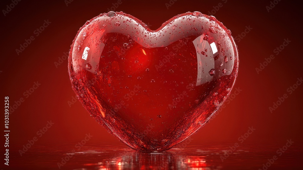 Poster a glossy red heart shape with bubbles on a reflective surface.