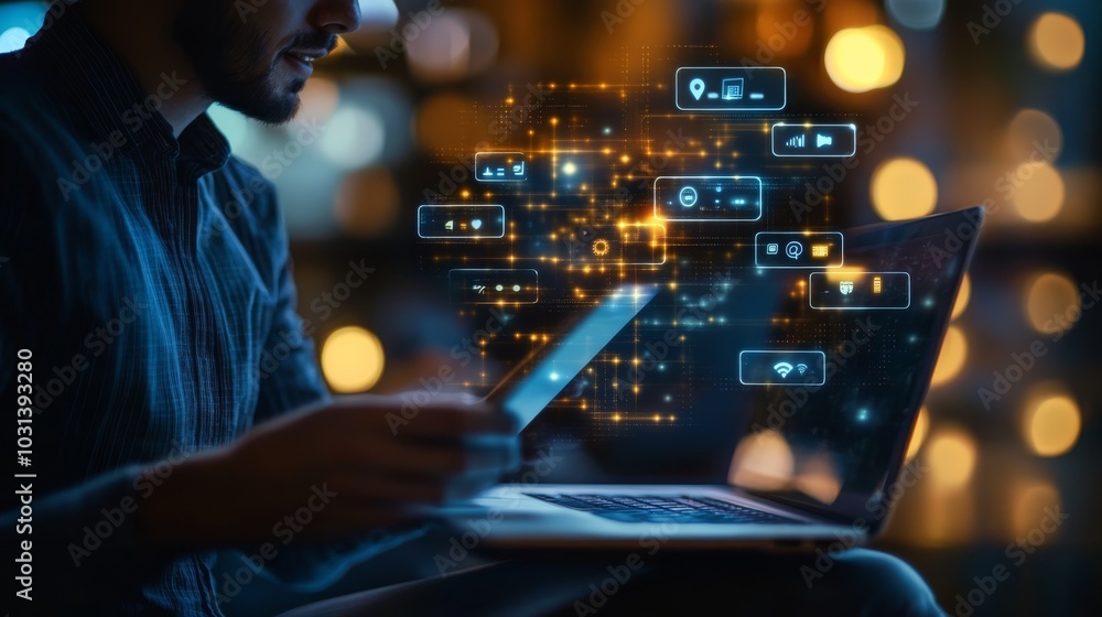 Poster a person interacts with a smartphone and a laptop, surrounded by digital data visuals and glowing ne
