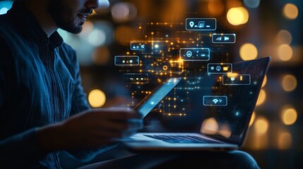 A person interacts with a smartphone and a laptop, surrounded by digital data visuals and glowing network connections in a modern workspace.