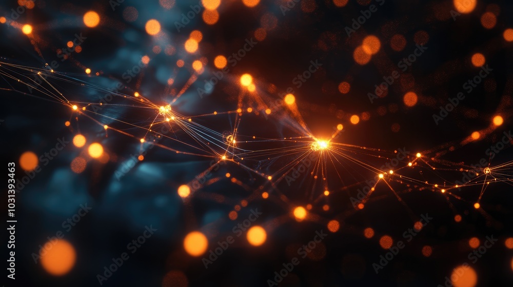 Poster abstract network of glowing nodes and data lines, portraying the interconnected nature of technologi