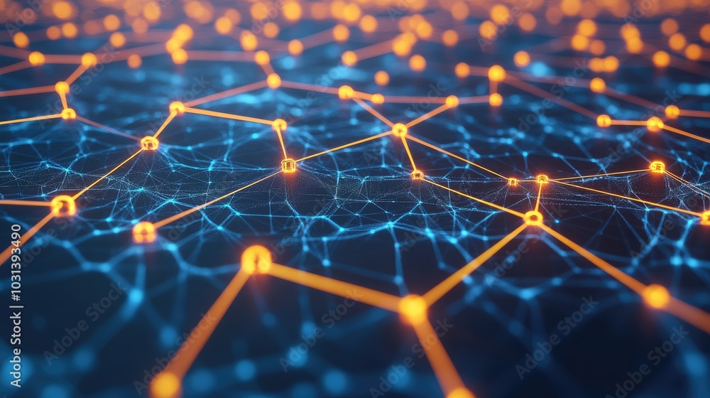 Poster abstract network of glowing nodes and data lines, portraying the interconnected nature of technologi