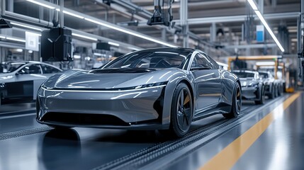 A modern automotive factory producing electric vehicles, showcasing advanced manufacturing techniques