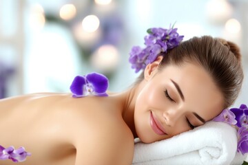 Relaxing spa experience with a woman enjoying a peaceful massage surrounded by beautiful purple flowers.