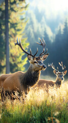 Obraz premium A front view of a family of deer grazing in a meadow at the edge of a forest