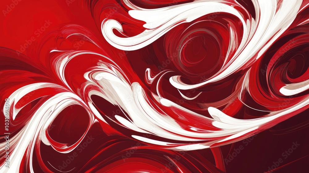 Poster abstract red and white swirls intertwined on a deep red background, forming a visually striking patt