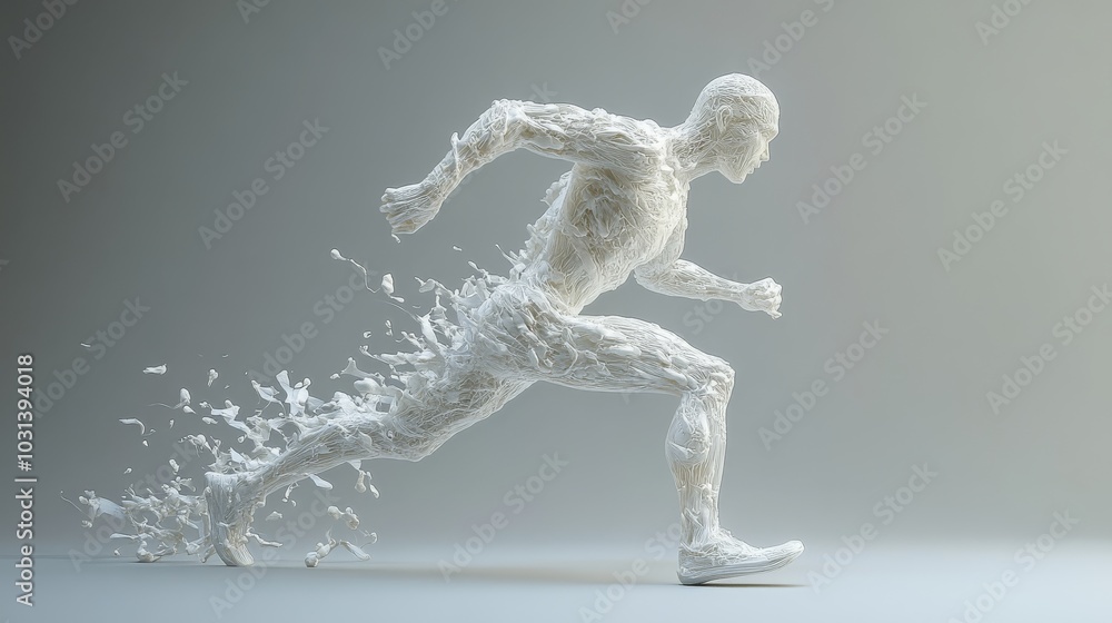 Poster a dynamic, translucent figure appears to run, symbolizing speed and energy through flowing, liquid-l
