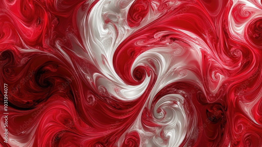 Poster abstract red and white swirls intertwined on a deep red background, forming a visually striking patt