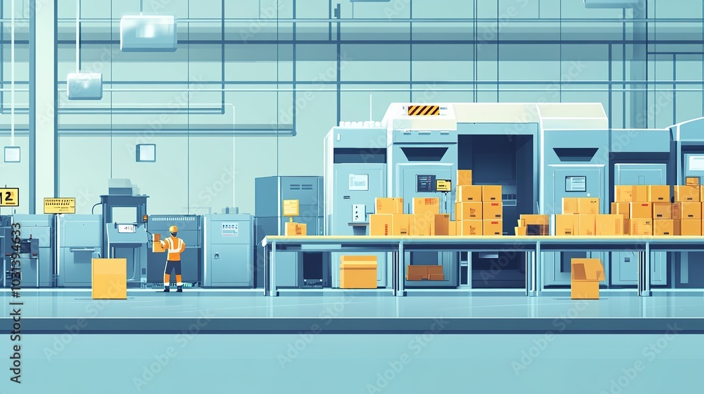 Poster a modern factory equipped with automated safety systems, preventing hazards and ensuring compliance 