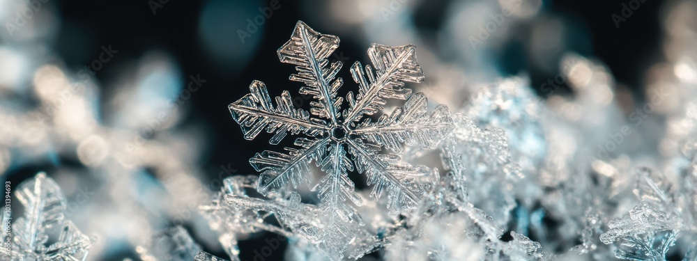 Poster intricate snowflake crystals, detailed view of unique snowflake patterns against a dark backdrop, hi