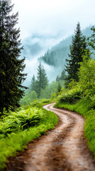 A side view of a path winding through a misty, ancient forest filled with ferns and mosscovered trees