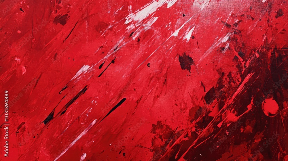 Poster abstract red splatters and brush strokes with varying intensities and transparencies on a dark red b