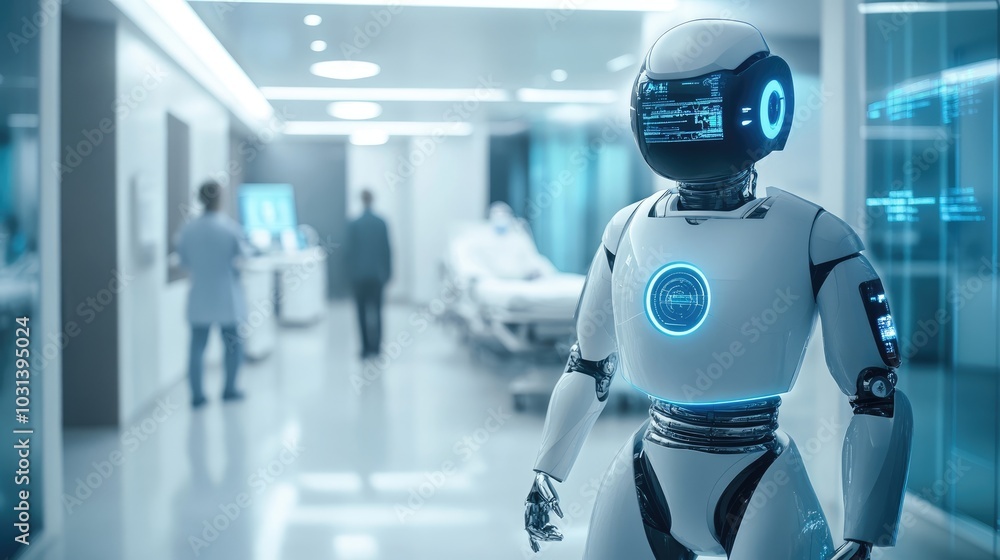 Poster ai robot aiding healthcare professionals with patient data management and analysis in a futuristic c