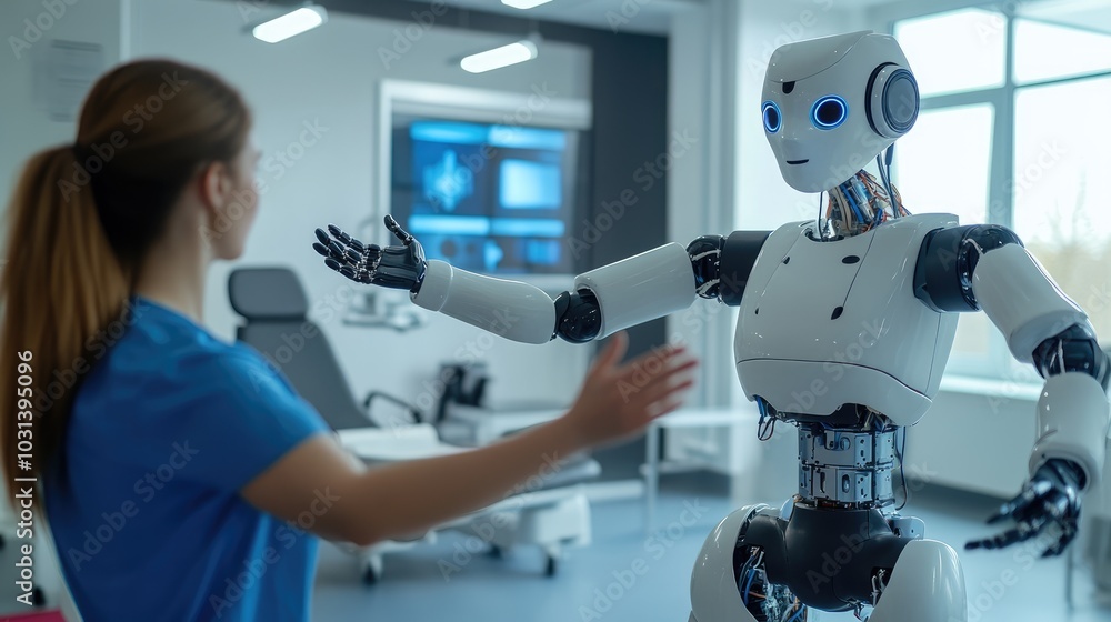 Aufkleber ai robot assisting in patient rehabilitation exercises with guidance from a physician in a modern cl