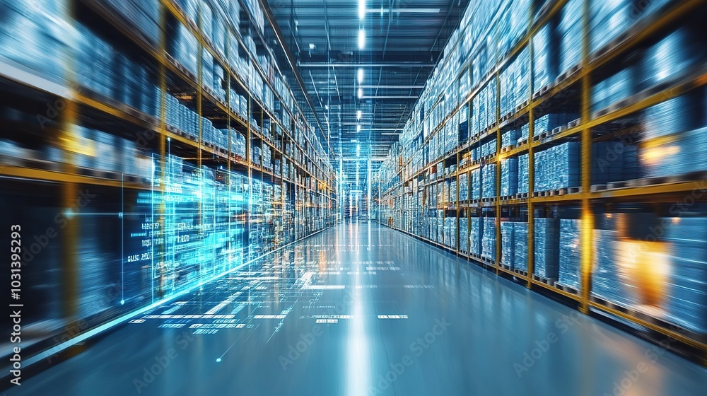 Poster a modern factory warehouse with rows of inventory shelves, monitored by automated systems for effici