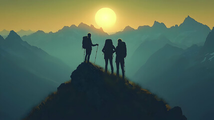 Silhouetted hikers on a mountain peak at sunset.