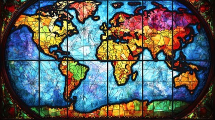 Obraz premium Colorful Stained Glass World Map Window